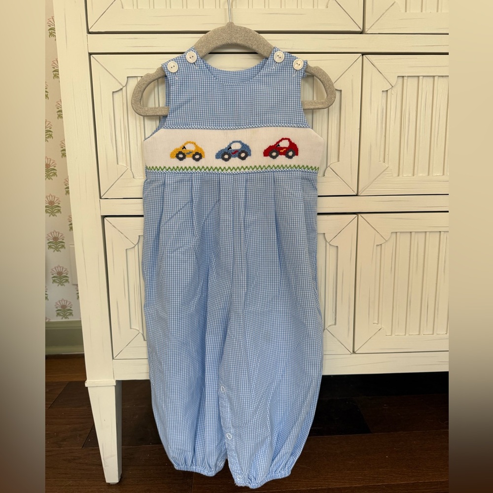 Remember Nguyen lt blue check smocked long all with car embroidery size 12 mths